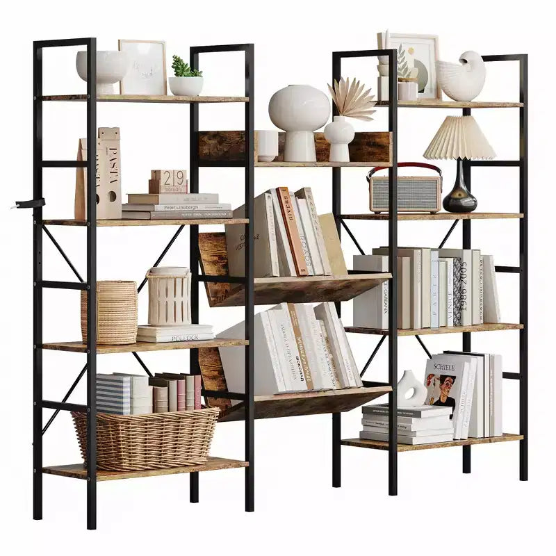 Iron Pipe and Wooden Board Four-Tier Bookshelf - Wooden Board Bookshelf, Living Room Bookshelf, Modern Bookshelf, Sturdy Iron Frame, Spacious Storage