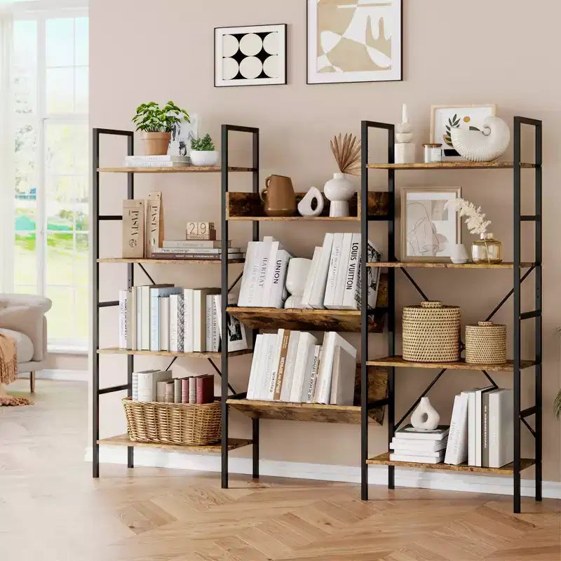 Iron Pipe and Wooden Board Four-Tier Bookshelf - Wooden Board Bookshelf, Living Room Bookshelf, Modern Bookshelf, Sturdy Iron Frame, Spacious Storage