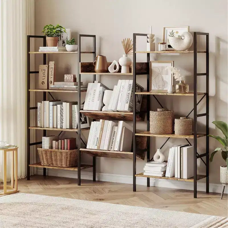 Iron Pipe and Wooden Board Four-Tier Bookshelf - Wooden Board Bookshelf, Living Room Bookshelf, Modern Bookshelf, Sturdy Iron Frame, Spacious Storage
