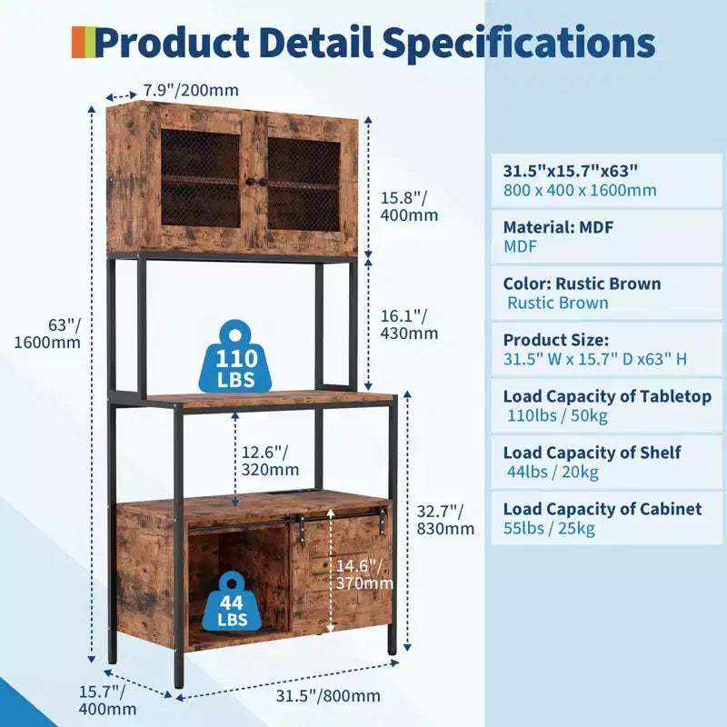 5-Tier Kitchen Bakers Rack with Cabinets & Charging Station, 63 Industrial Microwave Stand, Freestanding Utility Shelves Storage Shelf