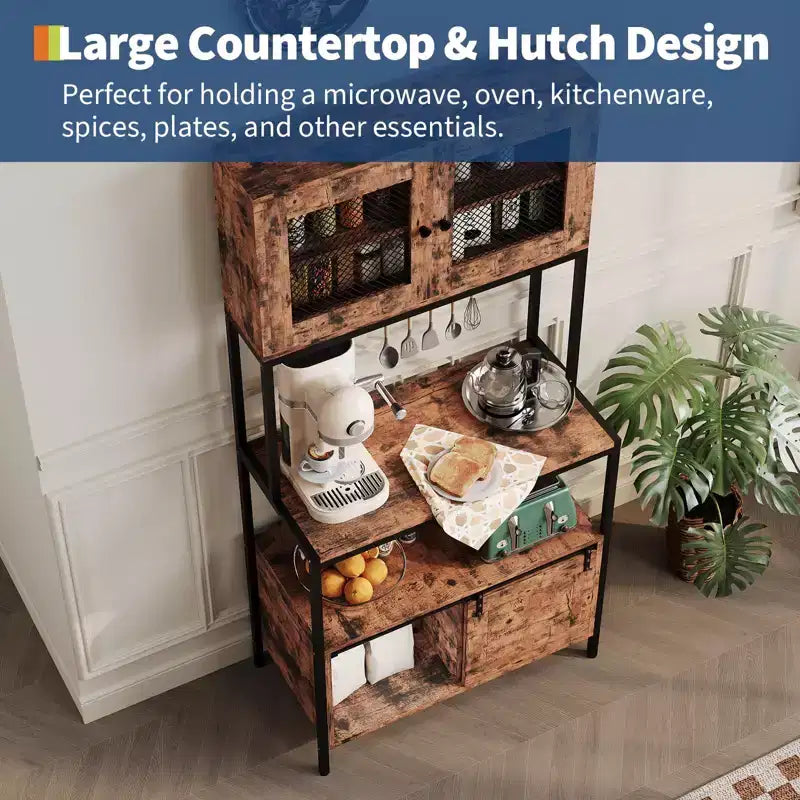 5-Tier Kitchen Bakers Rack with Cabinets & Charging Station, 63 Industrial Microwave Stand, Freestanding Utility Shelves Storage Shelf