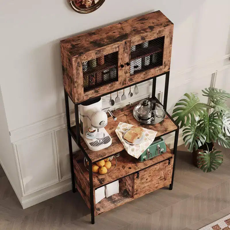 5-Tier Kitchen Bakers Rack with Cabinets & Charging Station, 63 Industrial Microwave Stand, Freestanding Utility Shelves Storage Shelf