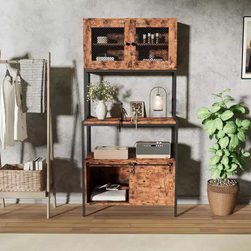 5-Tier Kitchen Bakers Rack with Cabinets & Charging Station, 63 Industrial Microwave Stand, Freestanding Utility Shelves Storage Shelf