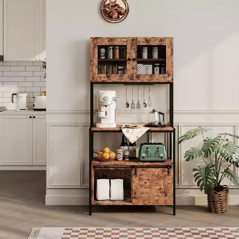 5-Tier Kitchen Bakers Rack with Cabinets & Charging Station, 63 Industrial Microwave Stand, Freestanding Utility Shelves Storage Shelf