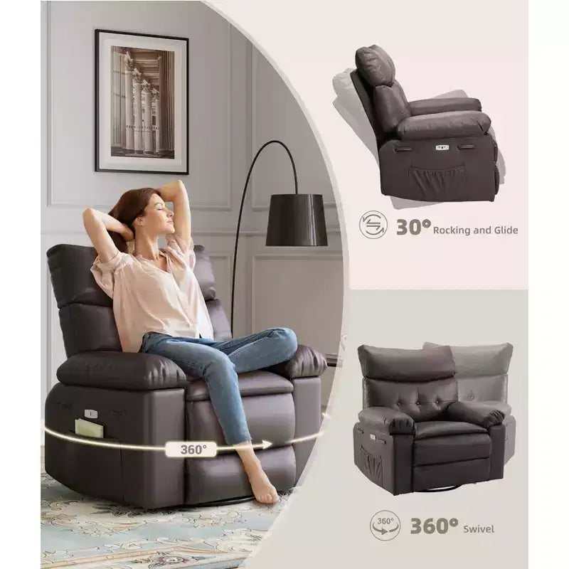 Swivel Electric Massage Chair Rocking Recliner Chair with Vibration & Heating, USB Power Glider, Overstuffed Faux Leather Lazy Sofa for Living Room