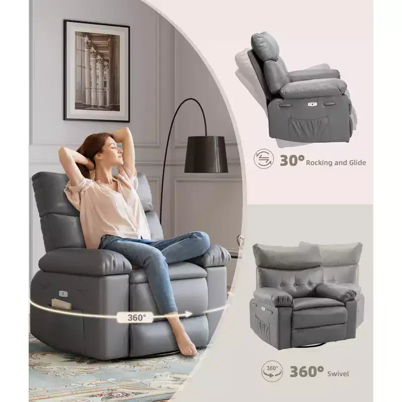 Swivel Electric Massage Chair Rocking Recliner Chair with Vibration & Heating, USB Power Glider, Overstuffed Faux Leather Lazy Sofa for Living Room
