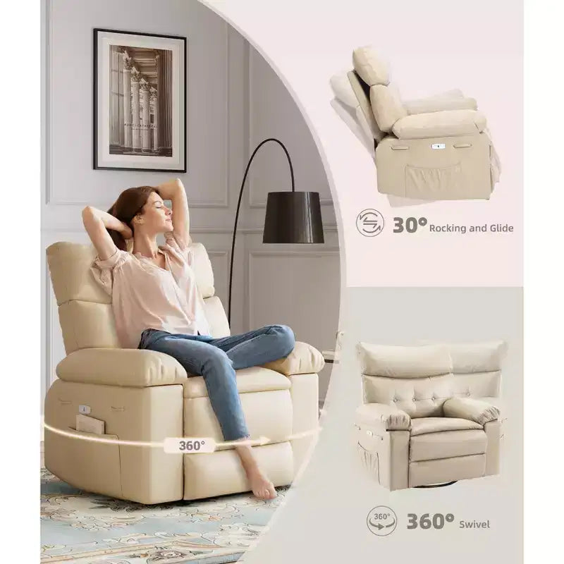 Swivel Electric Massage Chair Rocking Recliner Chair with Vibration & Heating, USB Power Glider, Overstuffed Faux Leather Lazy Sofa for Living Room