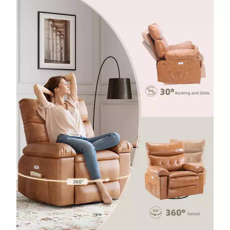 Swivel Electric Massage Chair Rocking Recliner Chair with Vibration & Heating, USB Power Glider, Overstuffed Faux Leather Lazy Sofa for Living Room