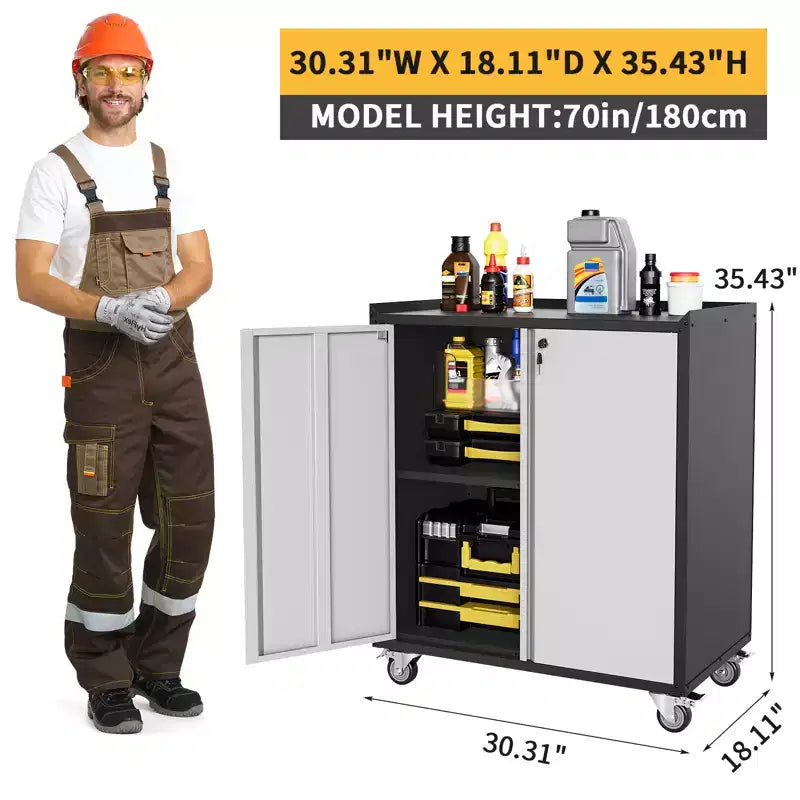 Locking Metal Cabinet with Door - 35.43 High Rolling Garage Storage Cabinet with Shelves, Tool Cabinets for Garage, Home, Office