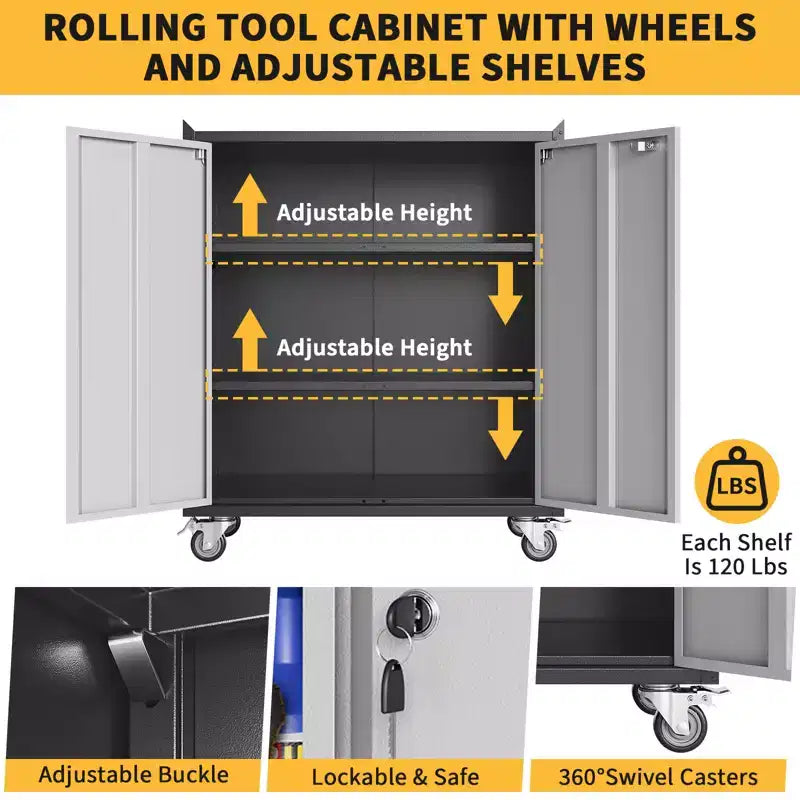 Locking Metal Cabinet with Door - 35.43 High Rolling Garage Storage Cabinet with Shelves, Tool Cabinets for Garage, Home, Office