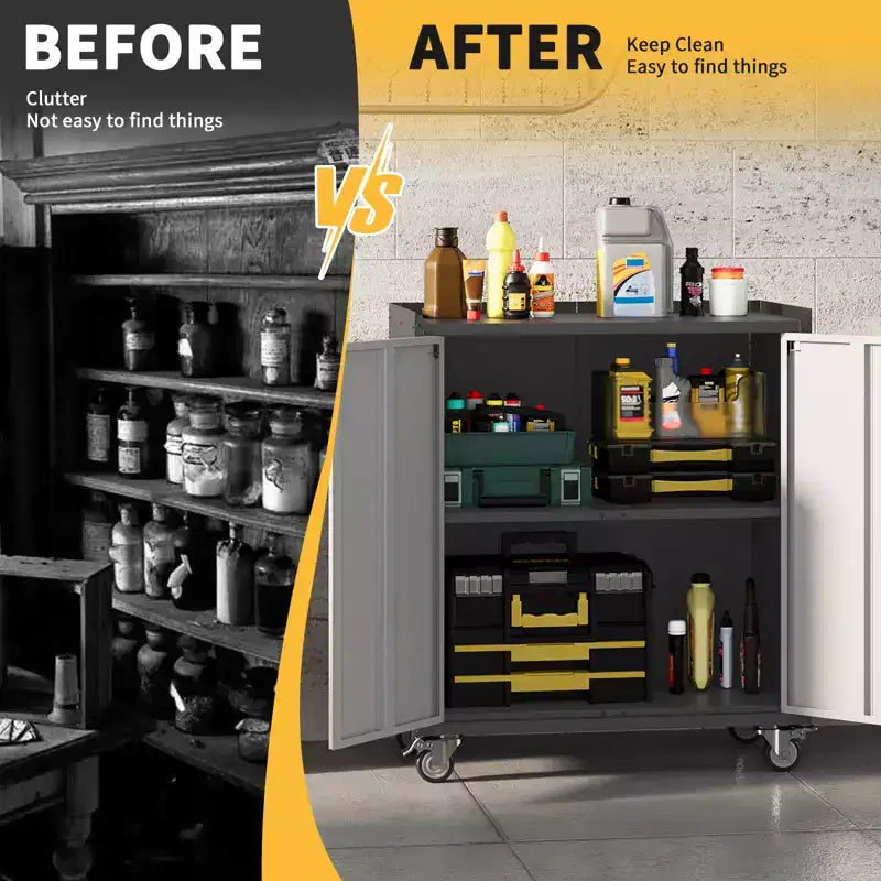 Locking Metal Cabinet with Door - 35.43 High Rolling Garage Storage Cabinet with Shelves, Tool Cabinets for Garage, Home, Office