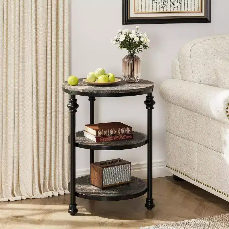 Acekool 3-Tier Round End Table with Steel Frame, Multi-Level Nightstand for Bedroom & Living Room