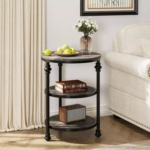 Acekool 3-Tier Round End Table with Steel Frame, Multi-Level Nightstand for Bedroom & Living Room