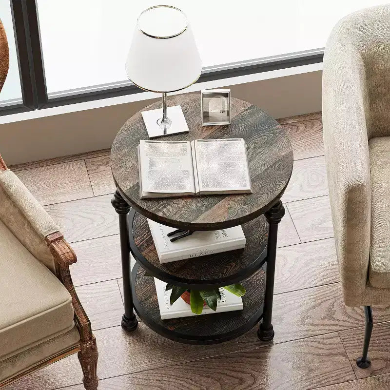 3-Tier Round End Table with Steel Frame, Multi-Level Nightstand for Bedroom & Living Room