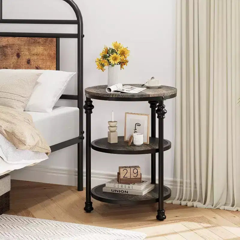3-Tier Round End Table with Steel Frame, Multi-Level Nightstand for Bedroom & Living Room