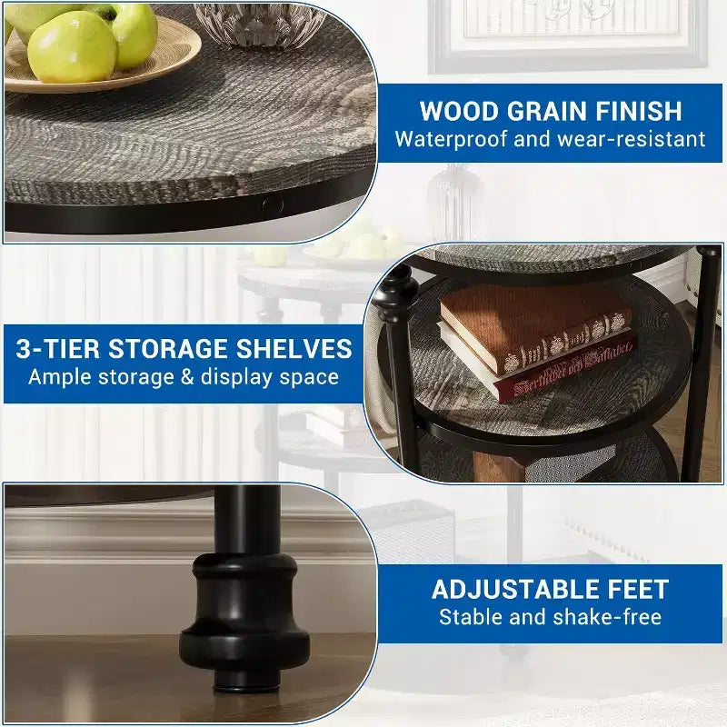 3-Tier Round End Table with Steel Frame, Multi-Level Nightstand for Bedroom & Living Room