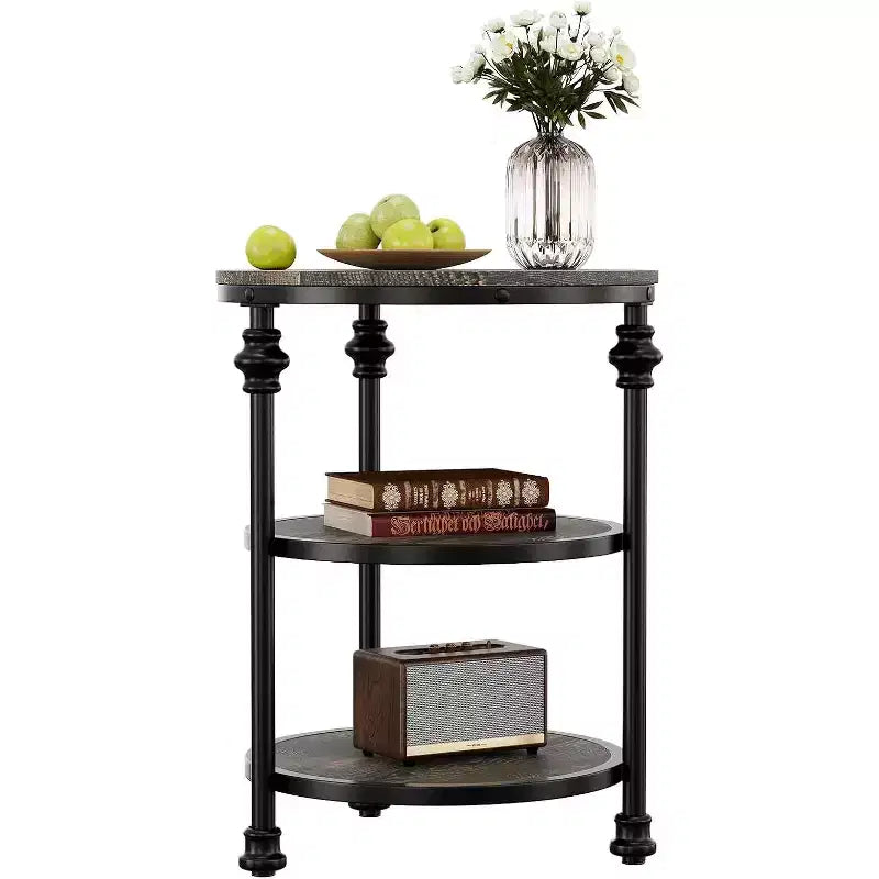 3-Tier Round End Table with Steel Frame, Multi-Level Nightstand for Bedroom & Living Room
