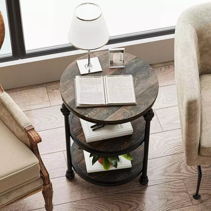 3-Tier Round End Table with Steel Frame, Multi-Level Nightstand for Bedroom & Living Room