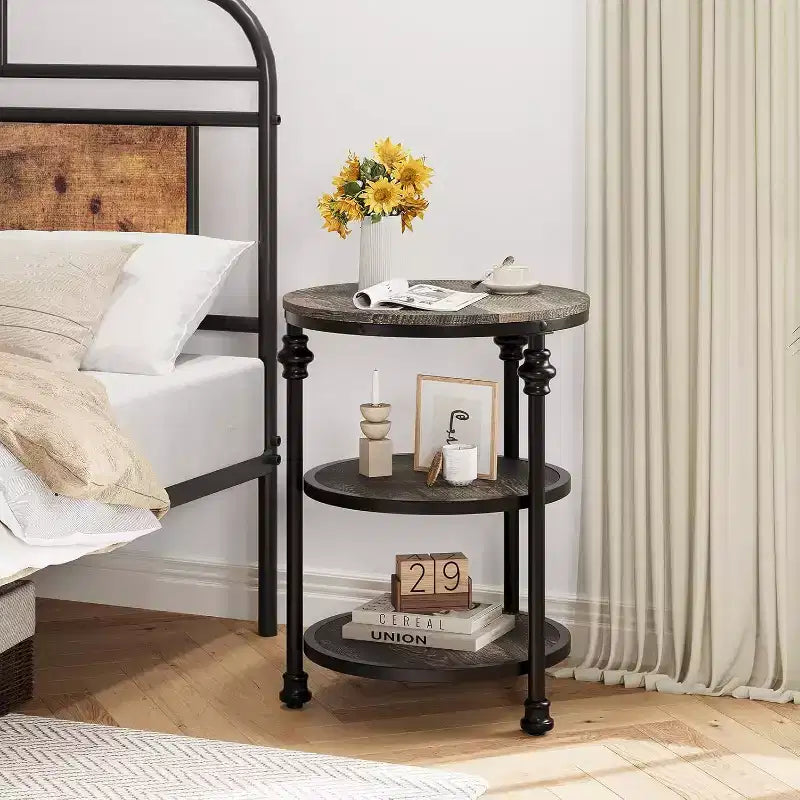 3-Tier Round End Table with Steel Frame, Multi-Level Nightstand for Bedroom & Living Room