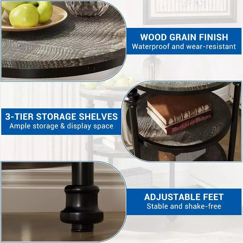 3-Tier Round End Table with Steel Frame, Multi-Level Nightstand for Bedroom & Living Room