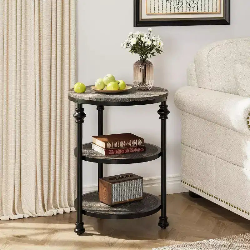 3-Tier Round End Table with Steel Frame, Multi-Level Nightstand for Bedroom & Living Room