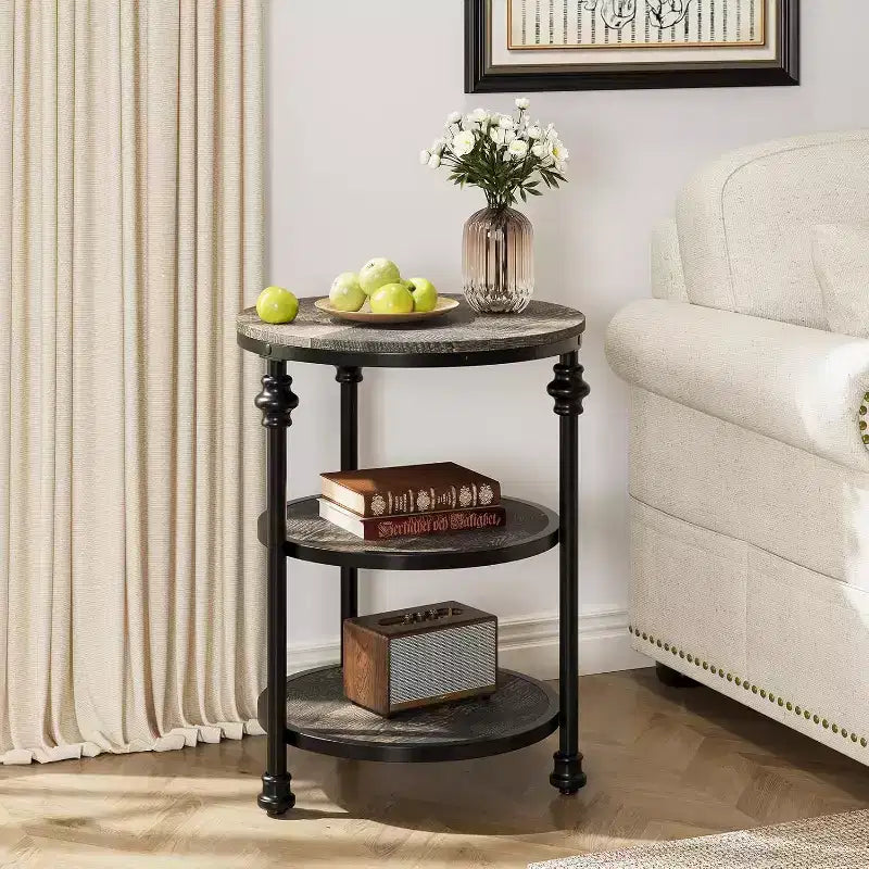 3-Tier Round End Table with Steel Frame, Multi-Level Nightstand for Bedroom & Living Room