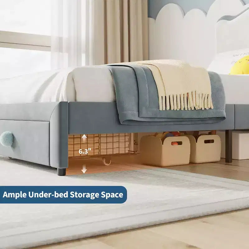 Upholstered Twin Bed Frame with Storage Drawer & Scallop Headboard, Princess Platform Bed Frames for Kids Girls, Wooden Slats Support