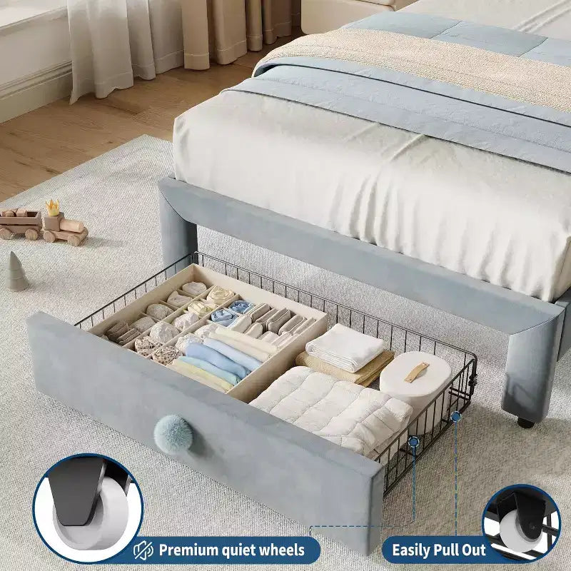 Upholstered Twin Bed Frame with Storage Drawer & Scallop Headboard, Princess Platform Bed Frames for Kids Girls, Wooden Slats Support