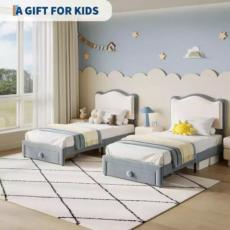 Upholstered Twin Bed Frame with Storage Drawer & Scallop Headboard, Princess Platform Bed Frames for Kids Girls, Wooden Slats Support