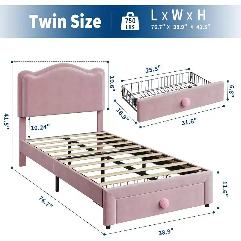 Upholstered Twin Bed Frame with Storage Drawer & Scallop Headboard, Princess Platform Bed Frames for Kids Girls, Wooden Slats Support