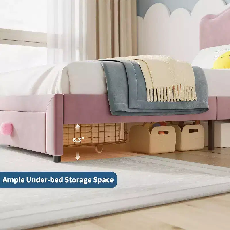 Upholstered Twin Bed Frame with Storage Drawer & Scallop Headboard, Princess Platform Bed Frames for Kids Girls, Wooden Slats Support