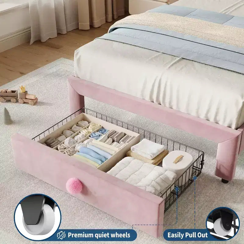 Upholstered Twin Bed Frame with Storage Drawer & Scallop Headboard, Princess Platform Bed Frames for Kids Girls, Wooden Slats Support