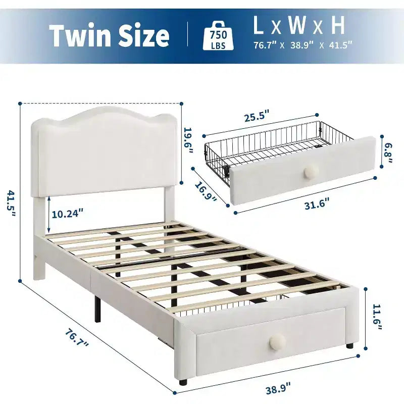Upholstered Twin Bed Frame with Storage Drawer & Scallop Headboard, Princess Platform Bed Frames for Kids Girls, Wooden Slats Support