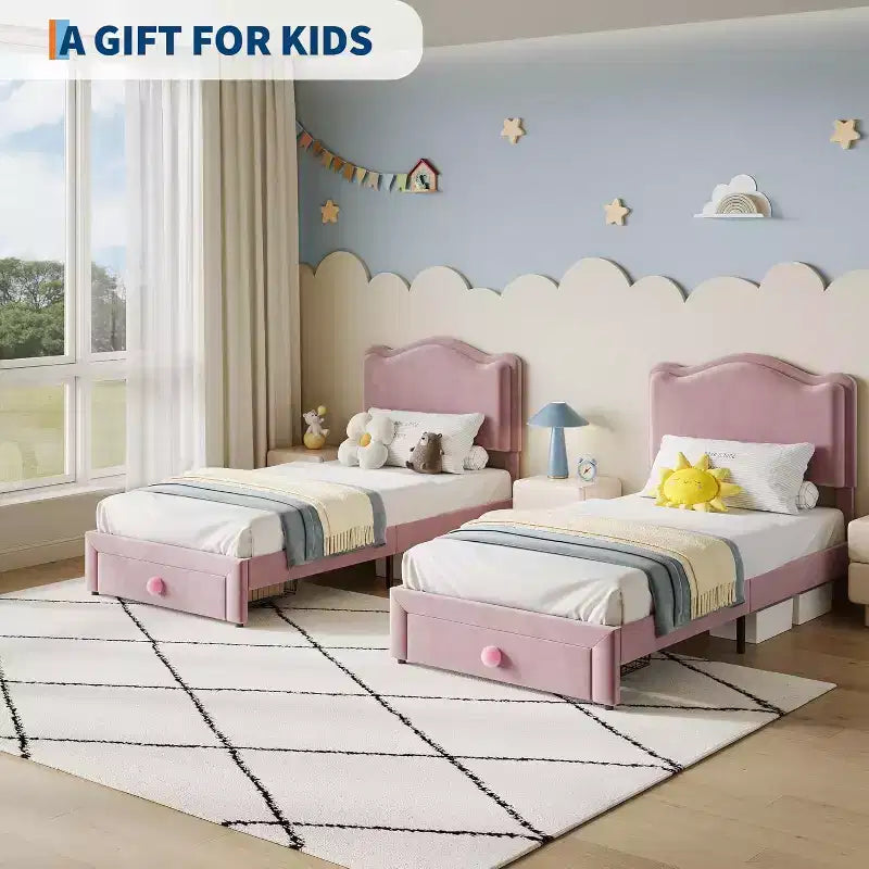 Upholstered Twin Bed Frame with Storage Drawer & Scallop Headboard, Princess Platform Bed Frames for Kids Girls, Wooden Slats Support
