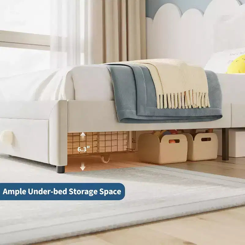 Upholstered Twin Bed Frame with Storage Drawer & Scallop Headboard, Princess Platform Bed Frames for Kids Girls, Wooden Slats Support