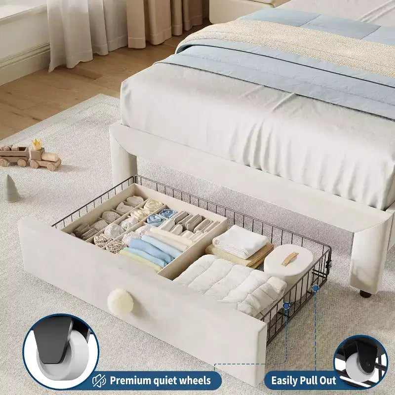 Upholstered Twin Bed Frame with Storage Drawer & Scallop Headboard, Princess Platform Bed Frames for Kids Girls, Wooden Slats Support