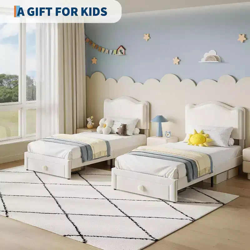 Upholstered Twin Bed Frame with Storage Drawer & Scallop Headboard, Princess Platform Bed Frames for Kids Girls, Wooden Slats Support