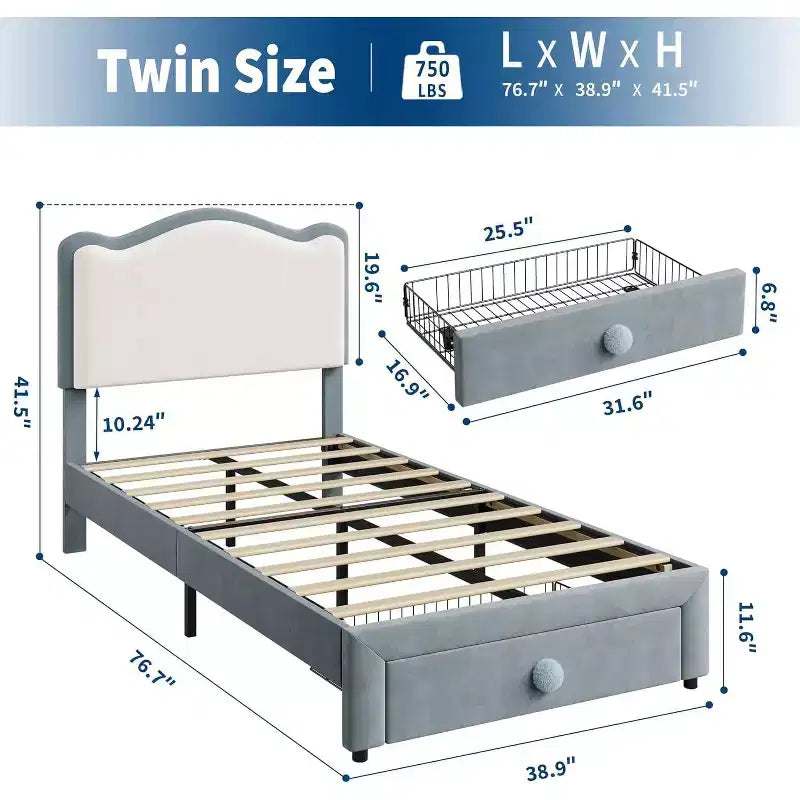 Upholstered Twin Bed Frame with Storage Drawer & Scallop Headboard, Princess Platform Bed Frames for Kids Girls, Wooden Slats Support