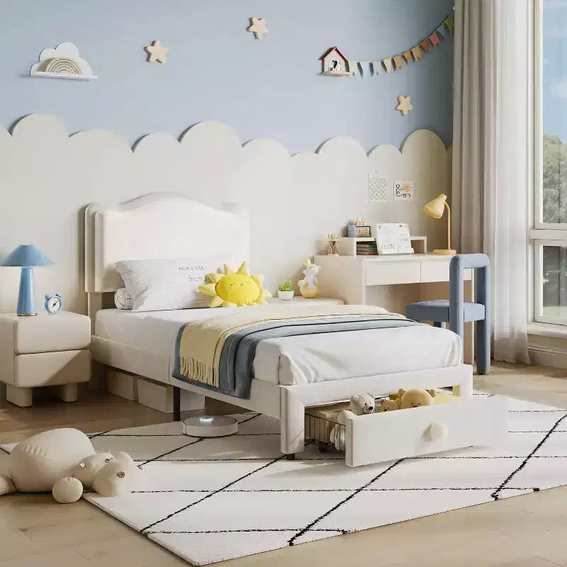 Upholstered Twin Bed Frame with Storage Drawer & Scallop Headboard, Princess Platform Bed Frames for Kids Girls, Wooden Slats Support