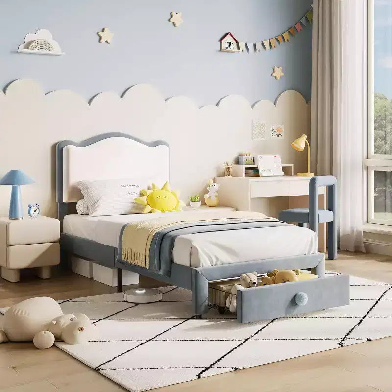 Upholstered Twin Bed Frame with Storage Drawer & Scallop Headboard, Princess Platform Bed Frames for Kids Girls, Wooden Slats Support