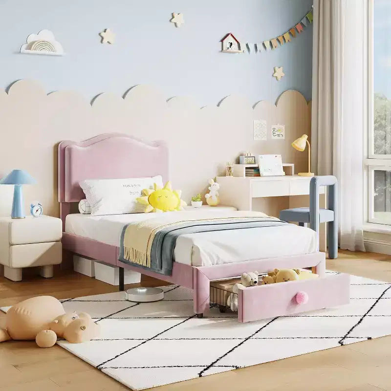 Upholstered Twin Bed Frame with Storage Drawer & Scallop Headboard, Princess Platform Bed Frames for Kids Girls, Wooden Slats Support
