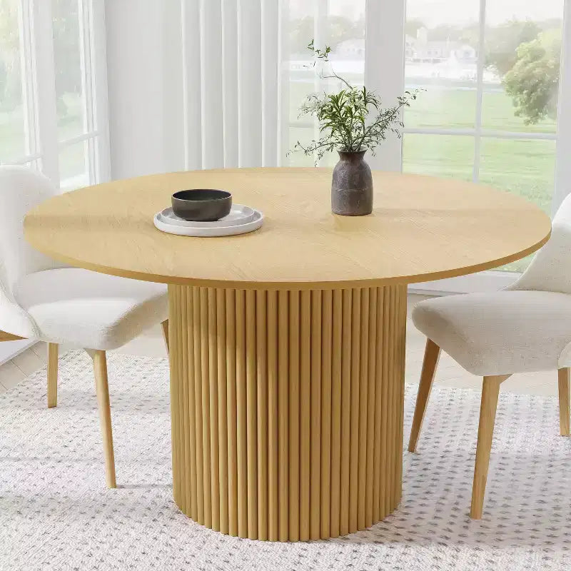 52 Solid Wood Round Dining Table Kitchen Table for 4-6 with Tabletop & Concave Cylinder Legs for Living/Dining Room Coffee Office Natural
