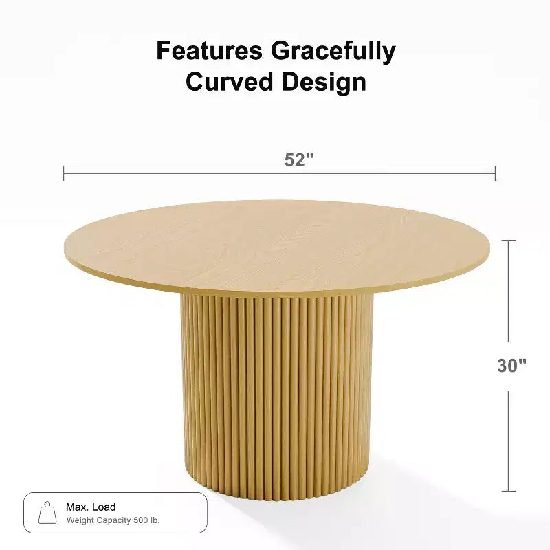 52 Solid Wood Round Dining Table Kitchen Table for 4-6 with Tabletop & Concave Cylinder Legs for Living/Dining Room Coffee Office Natural