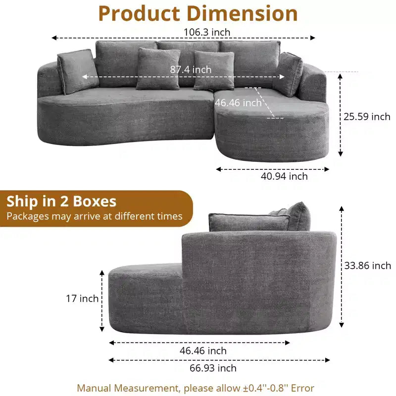 106 Curved Sectional Sofa with Throw Pillows, 4 Seater Luxury Chenille Cloud Modular Couch with Deep SeatBoneless Compression Sofa