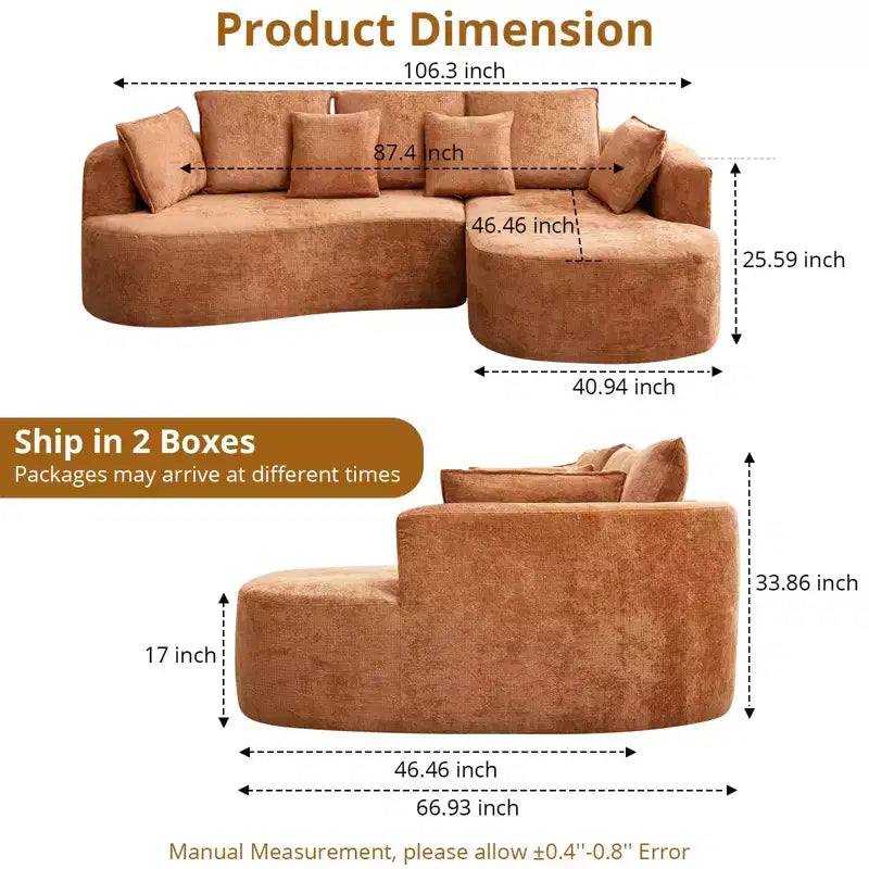 106 Curved Sectional Sofa with Throw Pillows, 4 Seater Luxury Chenille Cloud Modular Couch with Deep SeatBoneless Compression Sofa