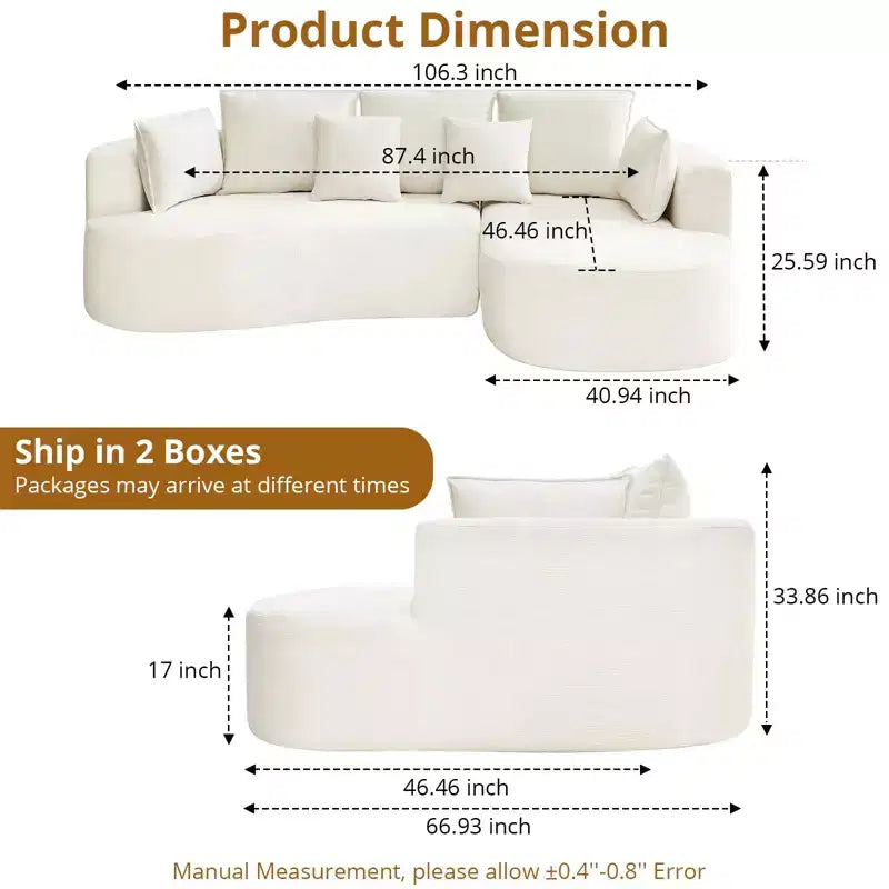 106 Curved Sectional Sofa with Throw Pillows, 4 Seater Luxury Chenille Cloud Modular Couch with Deep SeatBoneless Compression Sofa