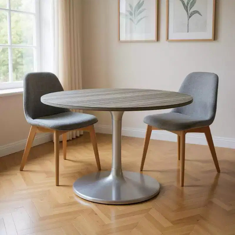 60 Gray and Silver Marble and Aluminum Pedestal Base Round Top Dining Table