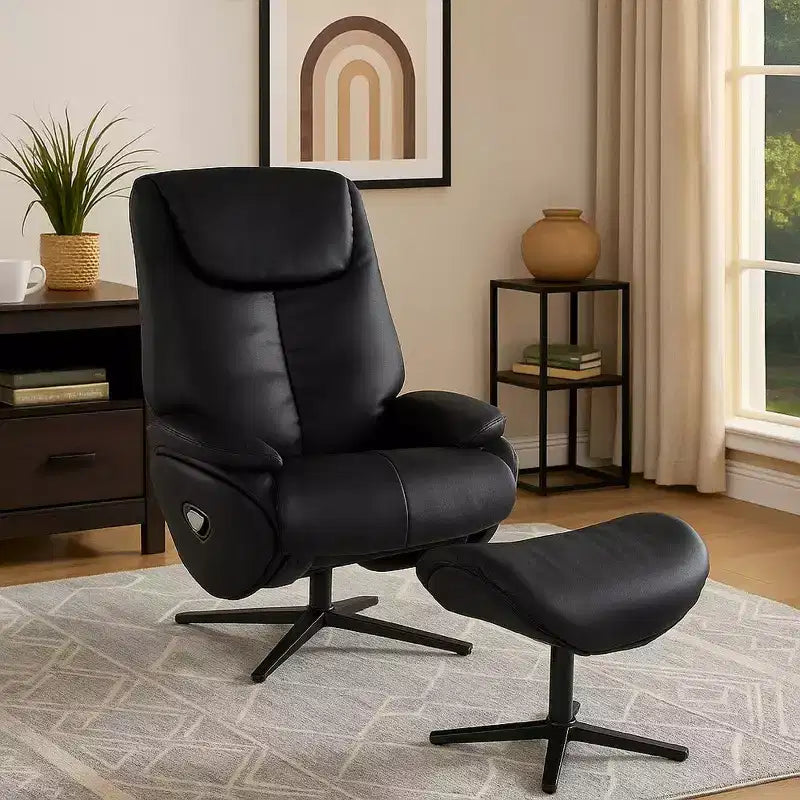 Royal Hampton Swivel Accent Chair with Ottoman, Plush Black Top Grain Leather