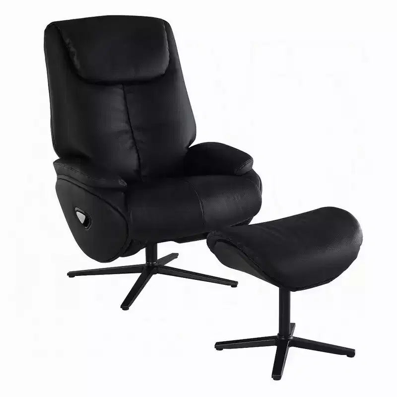 Swivel Accent Chair with Ottoman, Plush Black Top Grain Leather