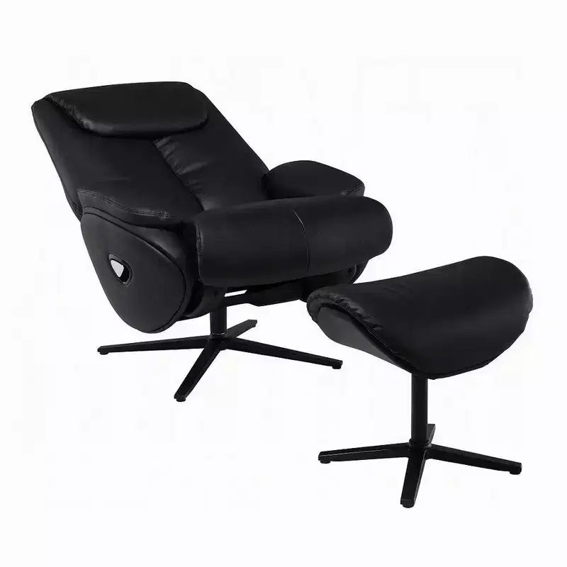 Swivel Accent Chair with Ottoman, Plush Black Top Grain Leather